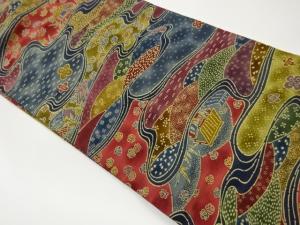 型染民家風景に花々模様名古屋帯